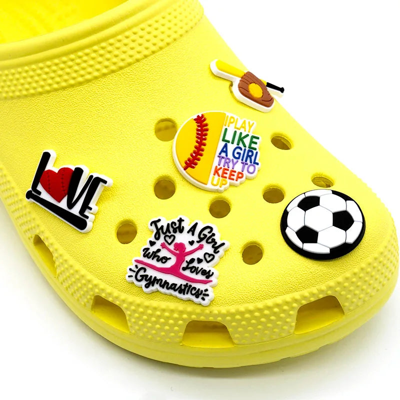 Colorful shoe charms set featuring sports, kawaii, and animal themes from The Patch Pub