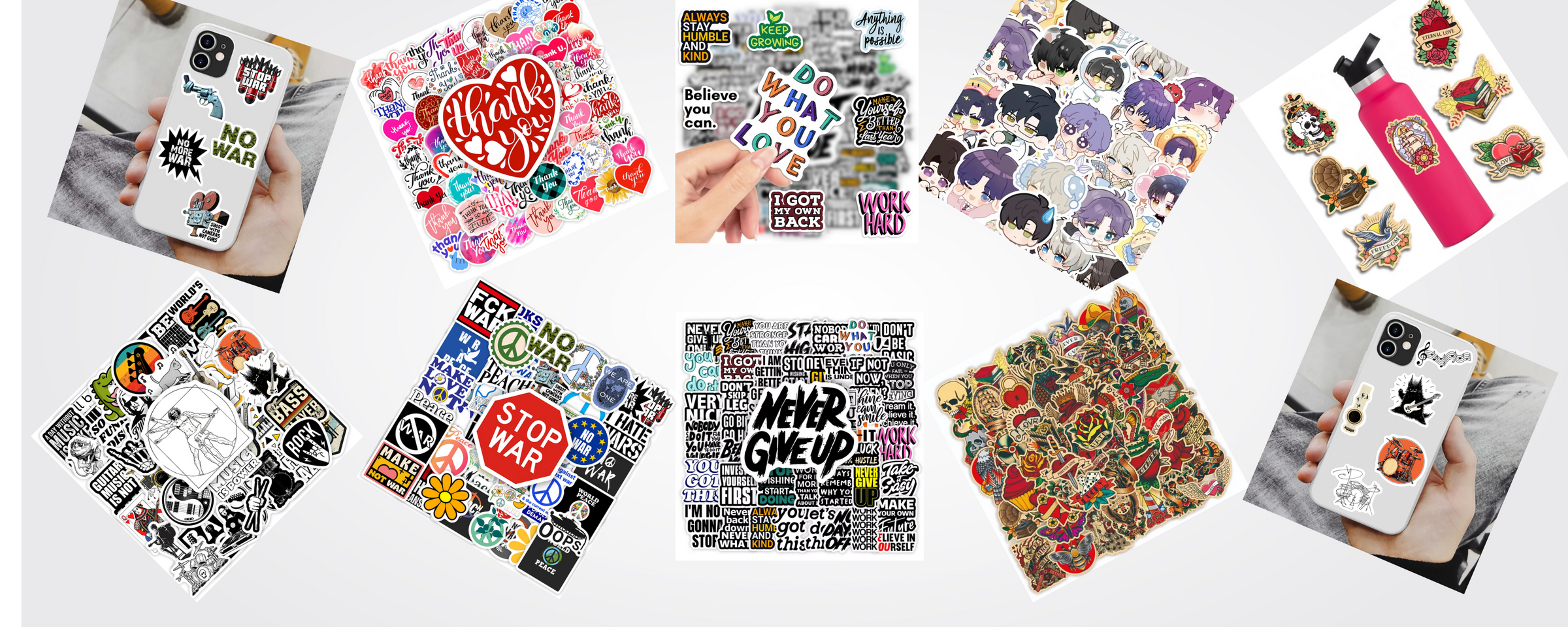 Colorful vinyl sticker packs in mixed themes โ anime, kawaii, punk, motivational, and more