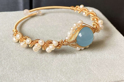 BROOCHITON Bracelets Gold 14K Gold Wrapped Handmade Sapphire Pearl Bracelet top view from left side
