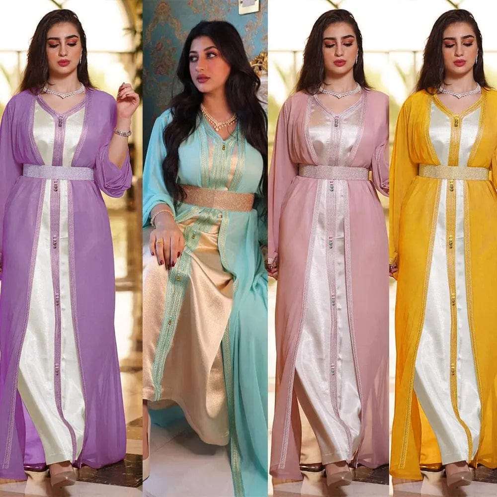 the four different colors of chiffon arabian women's dress blue pink purple and yellow