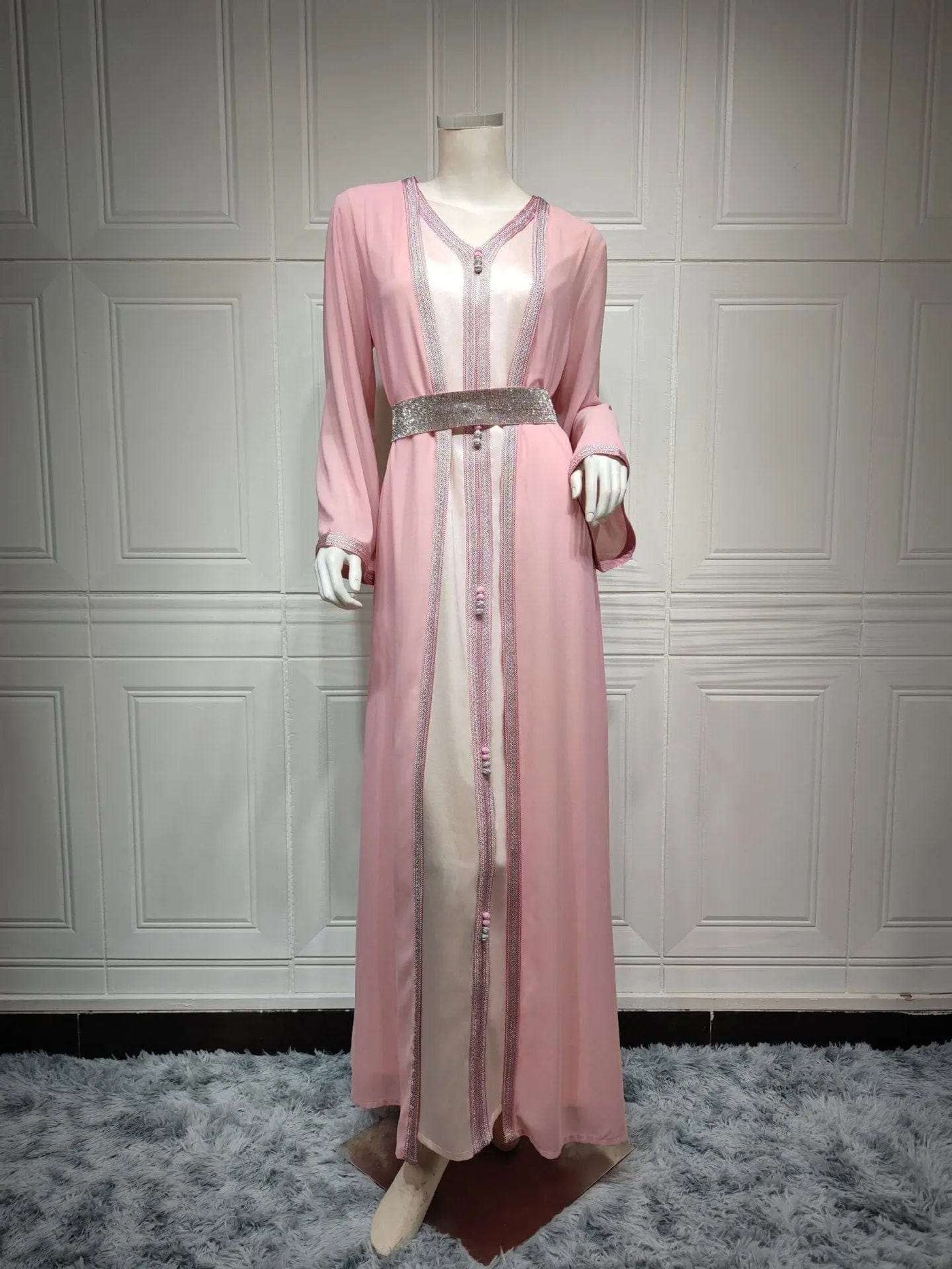 BROOCHITON abbaya ramadan Pink / 2XL chiffon arabian women's dress on a manikan