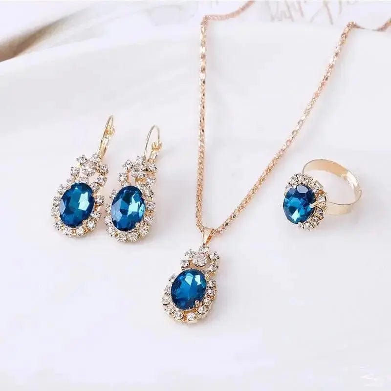 BROOCHITON Necklaces Lake Blue Crystal Necklace Earrings Ring Set