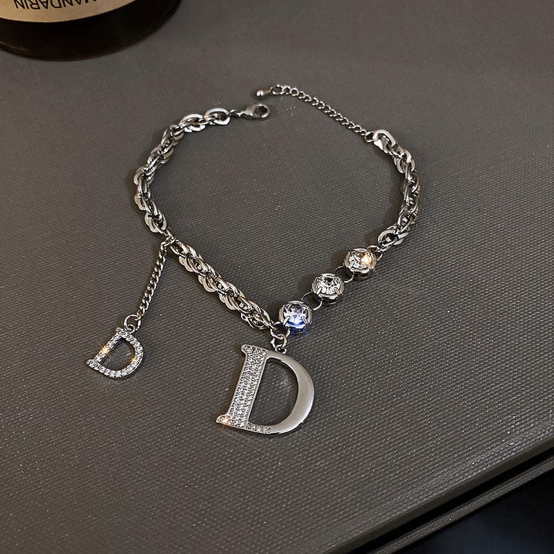 BROOCHITON Bracelets top view of a Silver Diamond Letter D Fringe Chain Bracelet