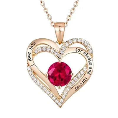 BROOCHITON Necklaces Rose gold red zircon Double Heart-Shaped Zircon Love Necklace