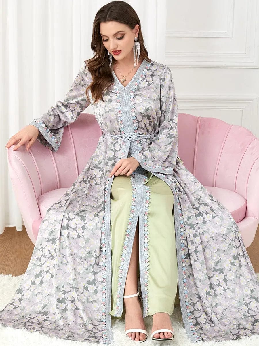 woman wearing Lotus root / 2XLa  women's fashion patchwork suit dress sitting on a pink chairh view
