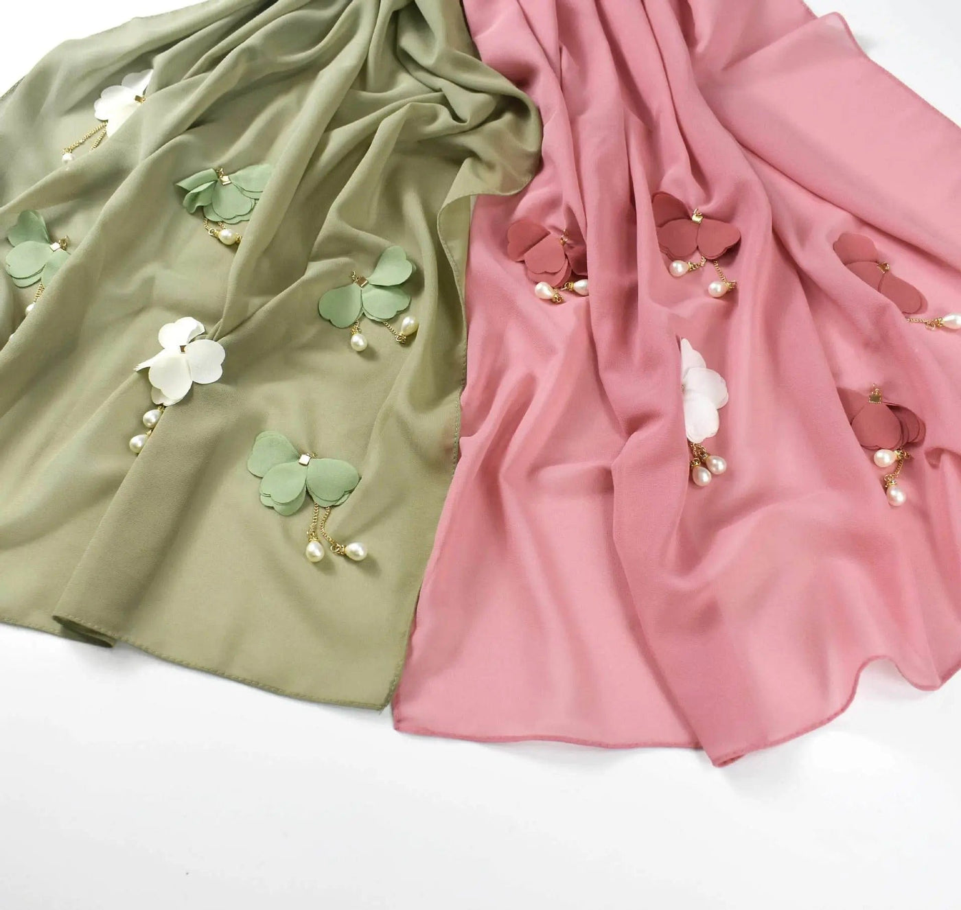 BROOCHITON Scarf Buckles Pearl Chiffon Hijab scarf pink and green