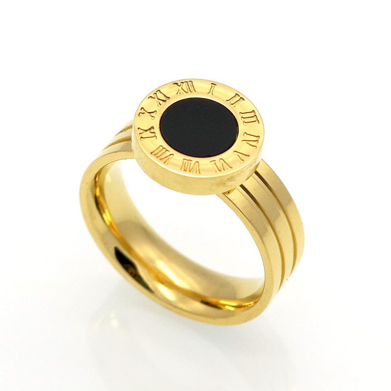 BROOCHITON Ring Gold / Black / 10 Roman numerals round shell agate ring