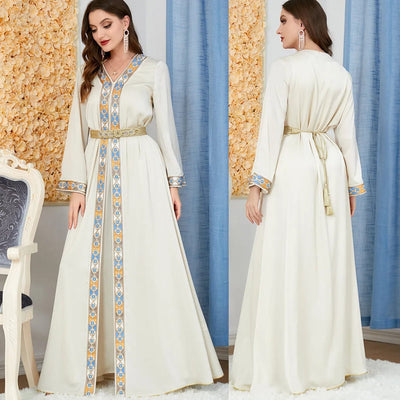 double view of a woman wearing a Beige / 2XL women's arabian dress slit v-neck full length view of the front and back