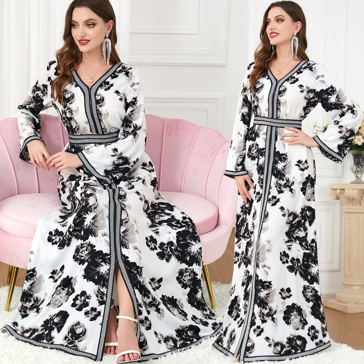 double views of a lady wearing ladies' robe with floral print