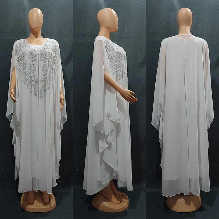friple view front back and profile of a white arabian robe plus size long dress gown full length on a manikan