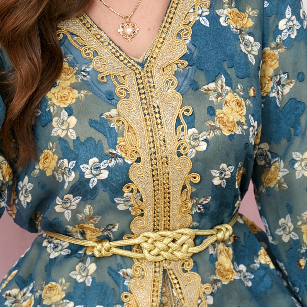 a woman wearing a floral green / 2XL women's arabic clothing fashion robe close up view