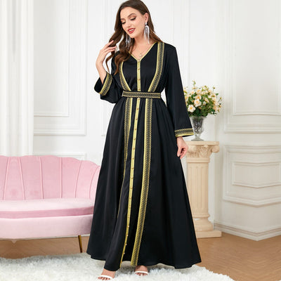 BROOCHITON abbaya ramada Black / 2XL women's solid color fashion dress
