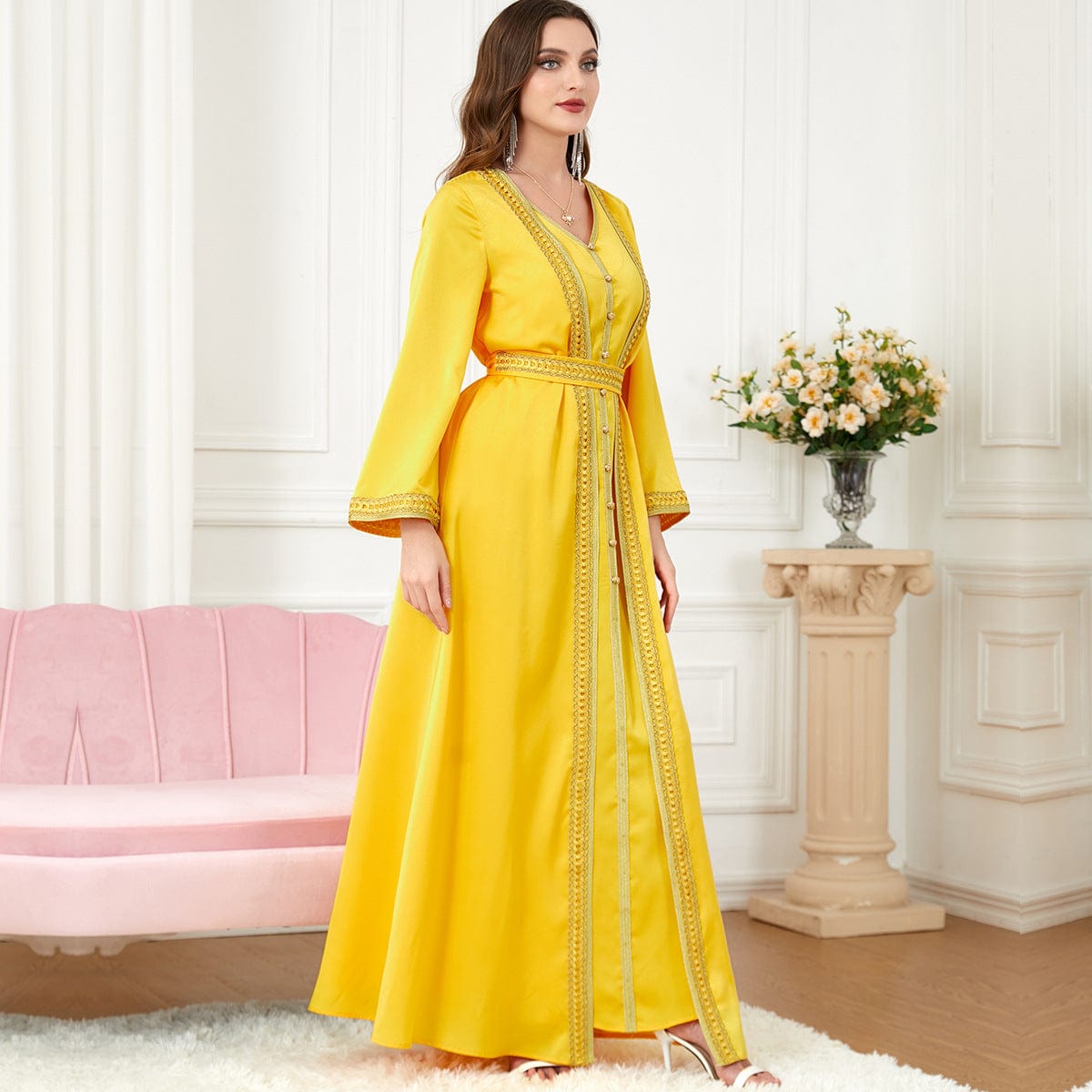 BROOCHITON abbaya ramada Yellow / 2XL women's solid color fashion dress