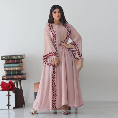 a woman wearing women's fashion embroidery v-neck dress full length view without scarf