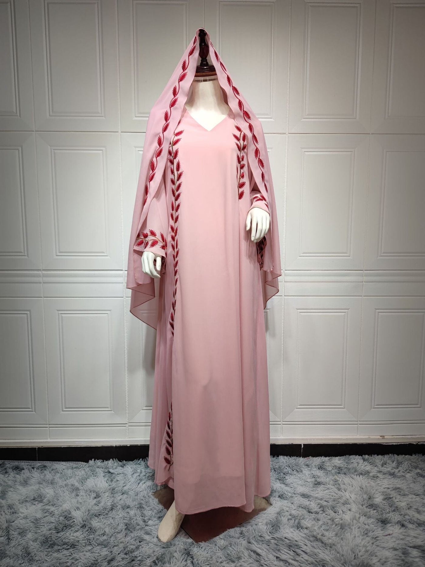 BROOCHITON abbaya ramada Pink / 2XL women's fashion embroidery v-neck dress full length on a manikan 