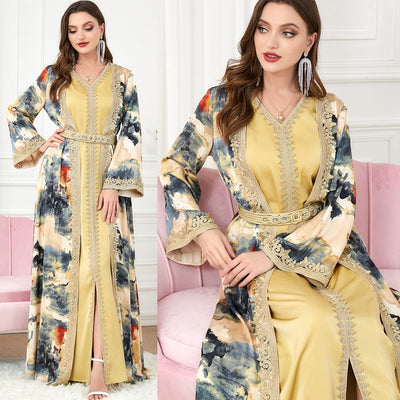 double vie of a woman wearing Yellow / 2XL women's fashion jacket dress sitting and standing