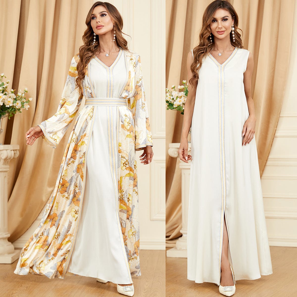 double view a woman wearing Yellow / 2XL women's fashion splicing dresses set full length view with and without Jacket