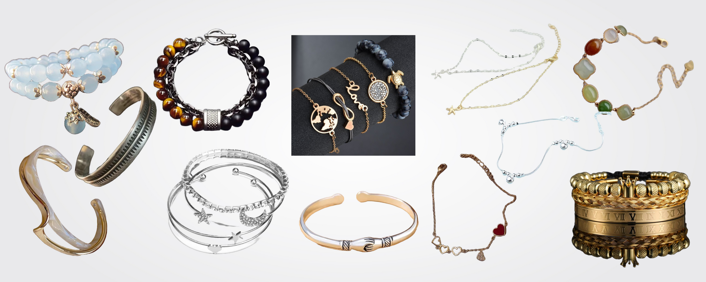 Bracelets and anklets for women and men – charm bracelets, chain anklets, and layered jewelry