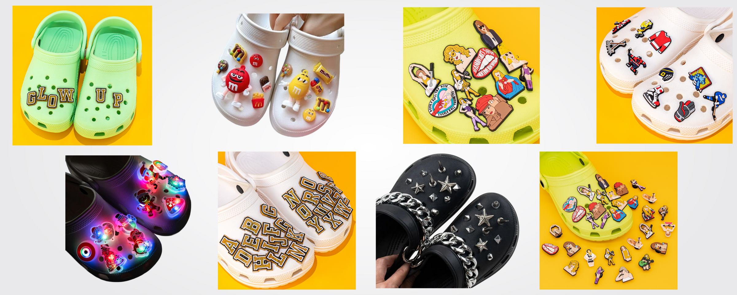 Colorful shoe charms set featuring sports, kawaii, and animal themes from The Patch Pub