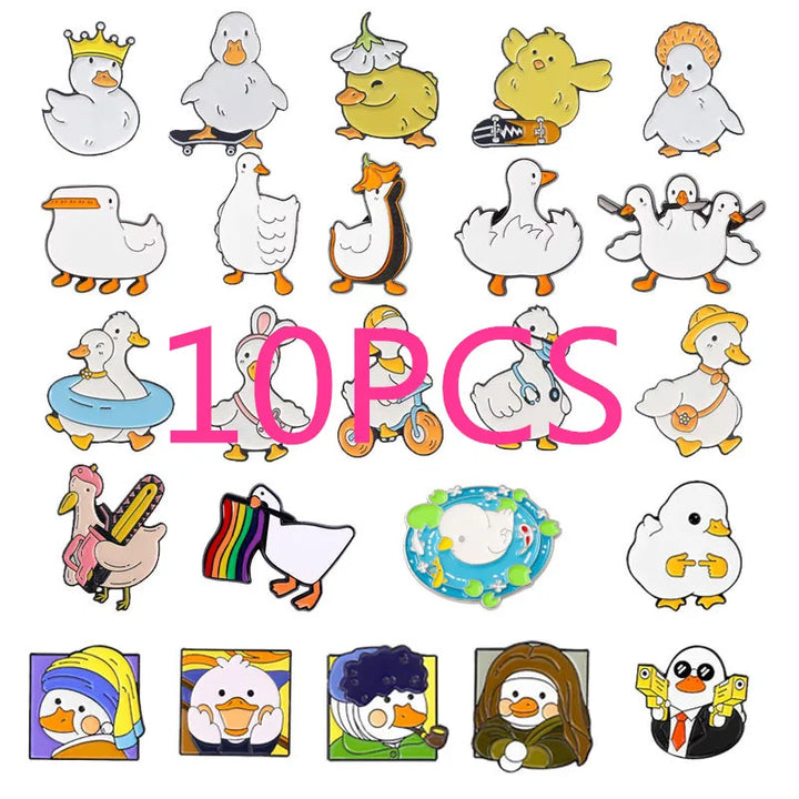 Collection of cartoon duck figurines with various accessories and poses on a white background.