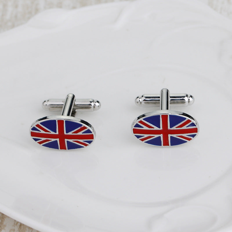 Union Jack cufflinks on a white plate