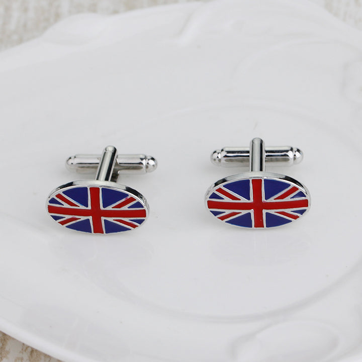 Union Jack cufflinks on a white plate