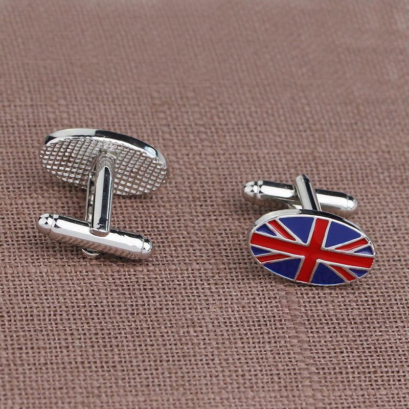 Cufflinks with a Union Jack design on a brown fabric background