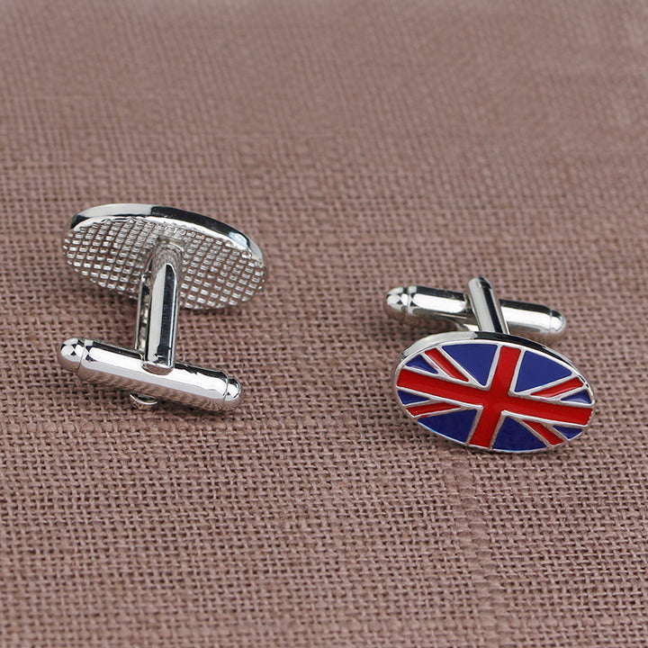 Cufflinks with a Union Jack design on a brown fabric background