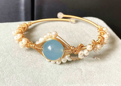 BROOCHITON Bracelets Gold 14K Gold Wrapped Handmade Sapphire Pearl Bracelet