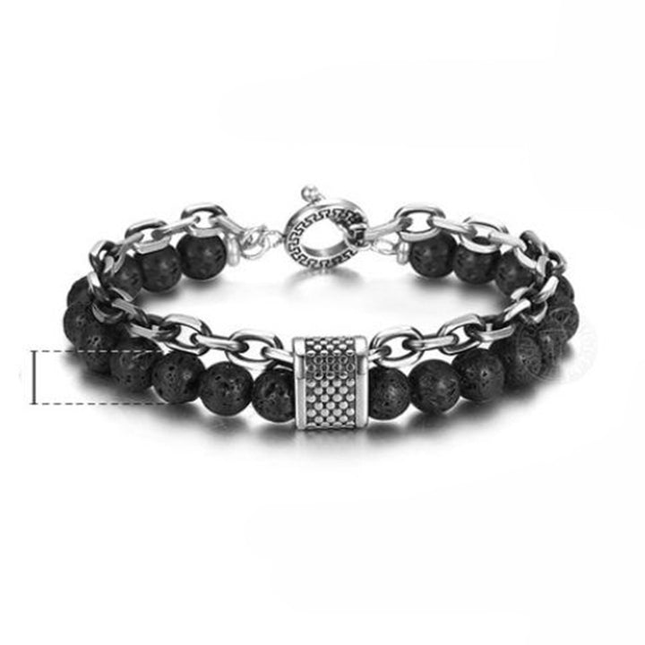 Bracelet with black beads and silver chain on a white background