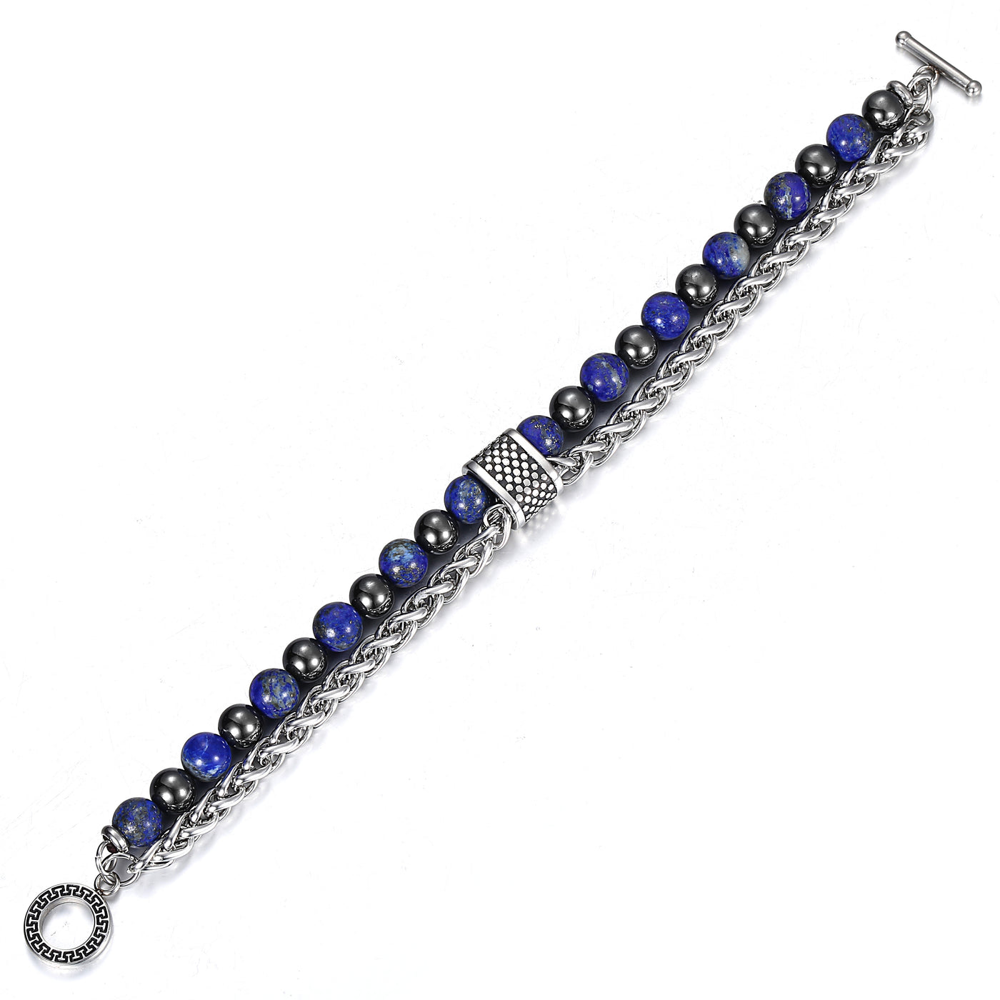 Bracelet with blue and black beads on a white background