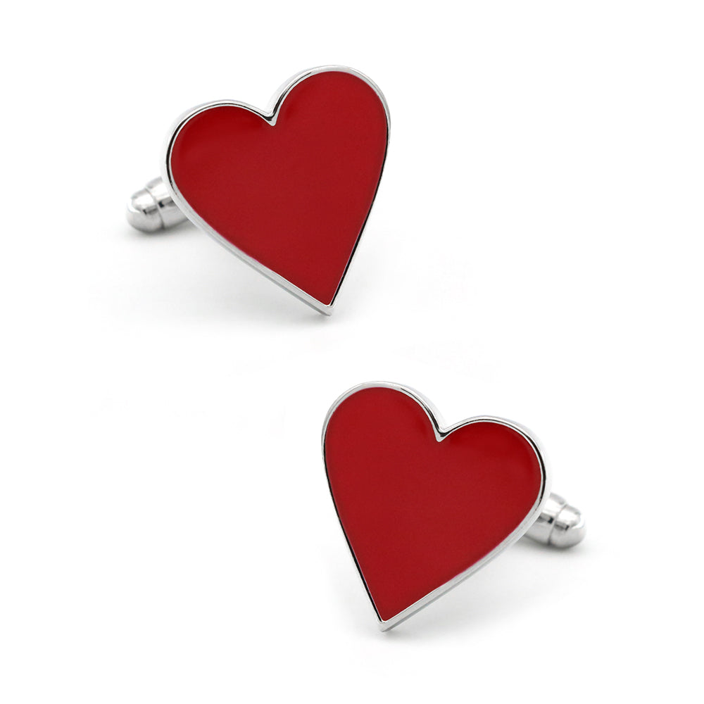 Red heart-shaped cufflinks on a white background