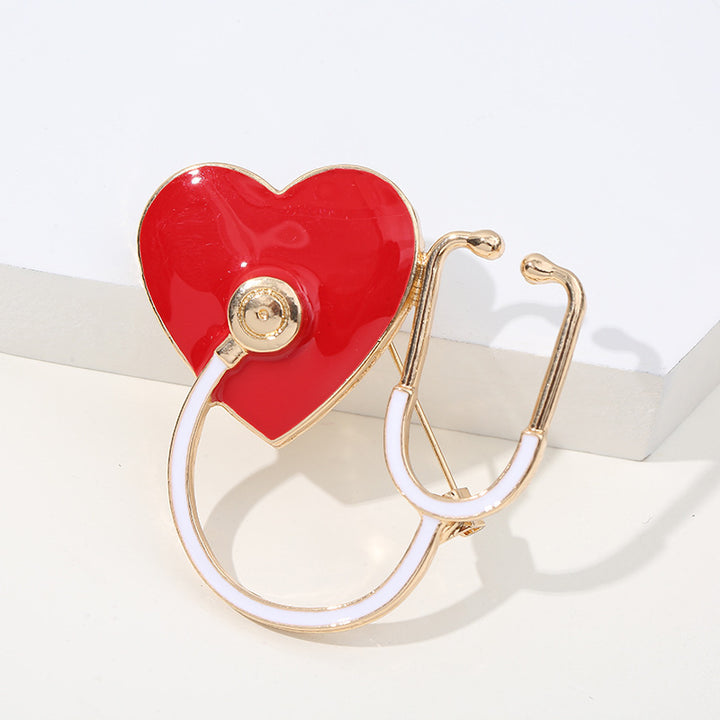 Heart Stethoscope Brooch — Red Enamel, Gold Tone