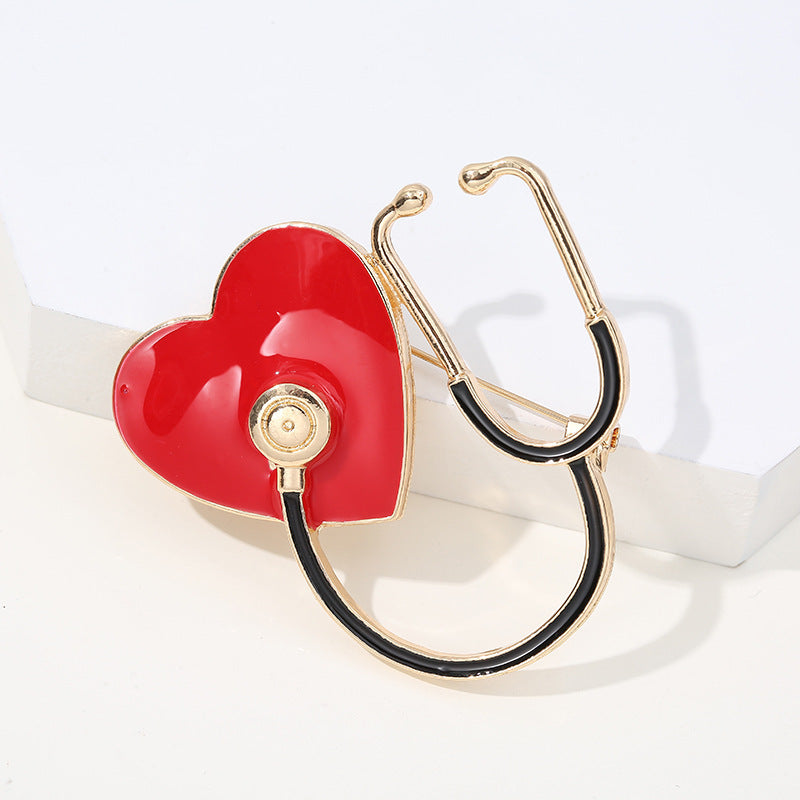 Heart Stethoscope Brooch — Red Enamel, Gold Tone