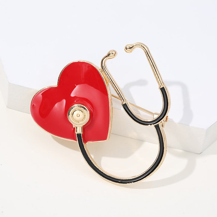 Heart Stethoscope Brooch — Red Enamel, Gold Tone