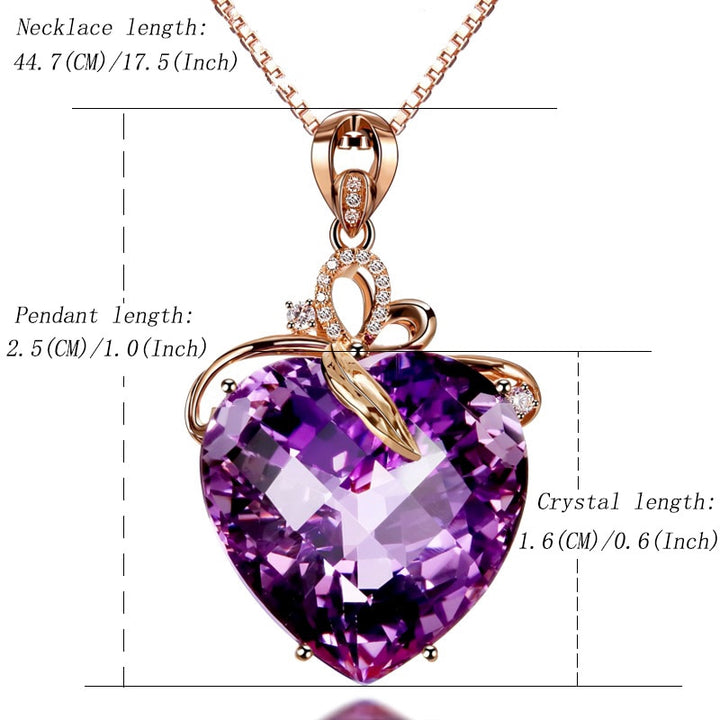 Purple heart-shaped pendant necklace with measurements on a white background