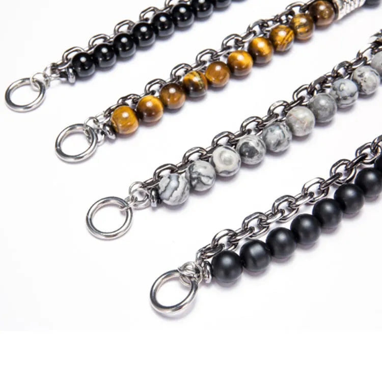Three beaded necklaces with different color schemes on a white background