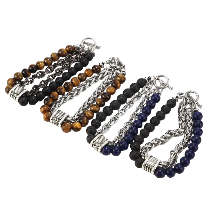 Set of beaded and chain necklaces on a white background