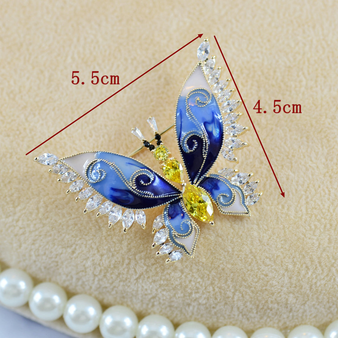 Blue Enamel Butterfly Brooch – Elegant Cubic Zirconia Pin for Women