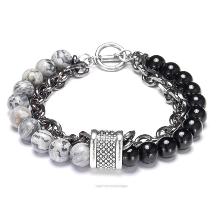 Multistrand bracelet with beads and a metal clasp on a white background