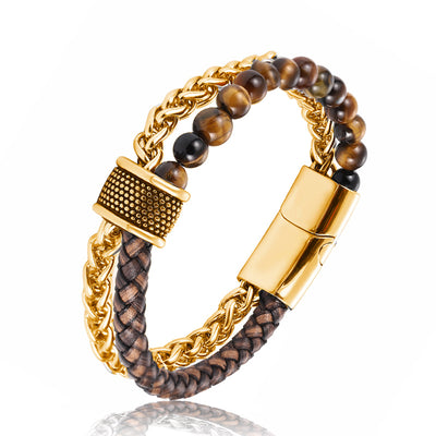 Bracelet with gold chain and brown beads on a white background
