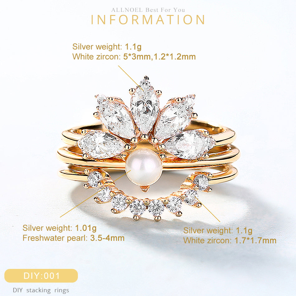 Three gold rings with pearls and zircons on a white background