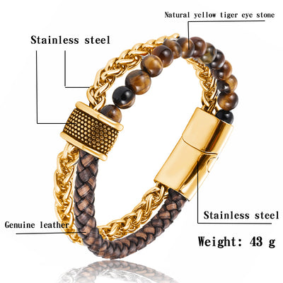 Bracelet with gold chain, leather strap, and tiger eye stones with labels on a white background.