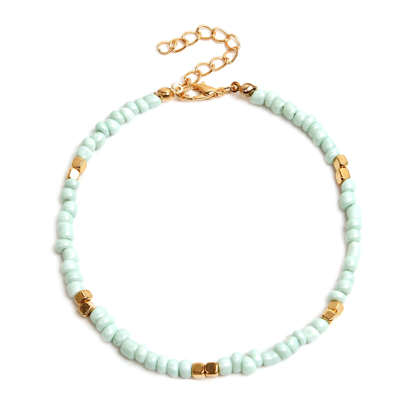 Mint green beaded anklet with gold accents on a white background