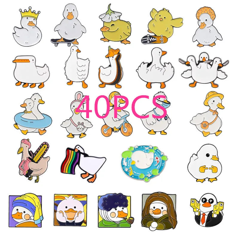 Collection of various duck-themed pins with &