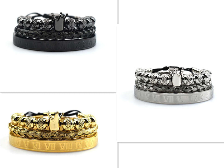 Three bracelets in black, silver, and gold on a white background