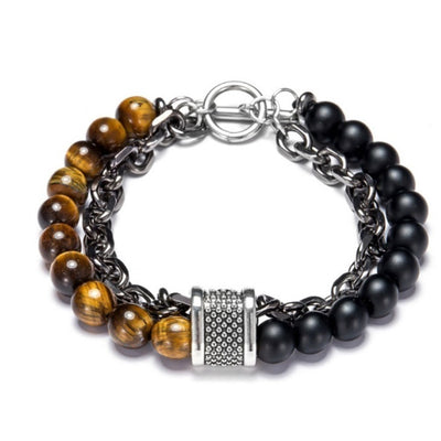 Bracelet with black and brown beaded sections on a white background