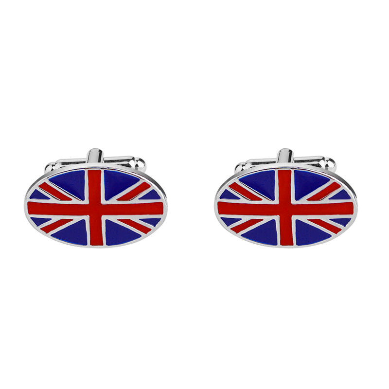 Cufflinks with a Union Jack design on a white background
