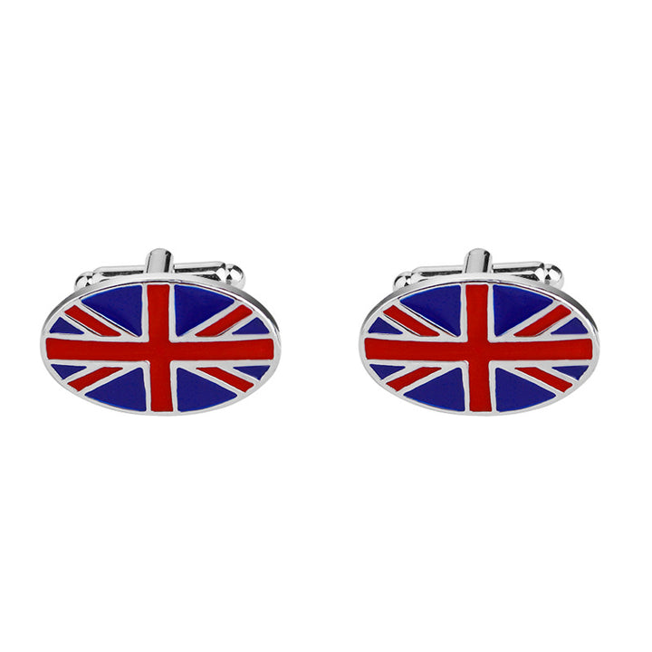 Cufflinks with a Union Jack design on a white background