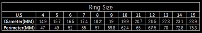 Table displaying ring size measurements in U.S. sizes, diameter in millimeters, and perimeter in millimeters.